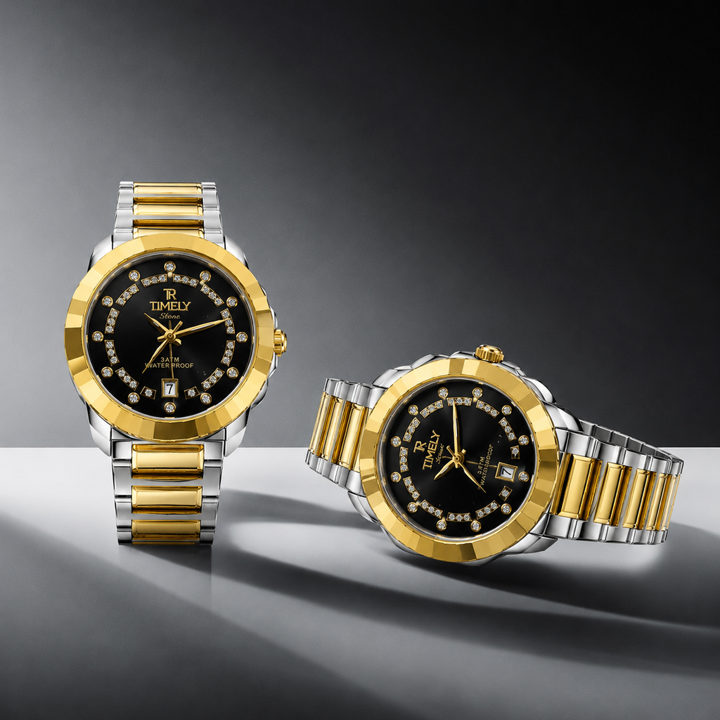 Timely Luxury Couple Watch Set | Gold & Silver Stainless Steel Quartz Wrist Watches | Waterproof Fashion Watches for Men & Women