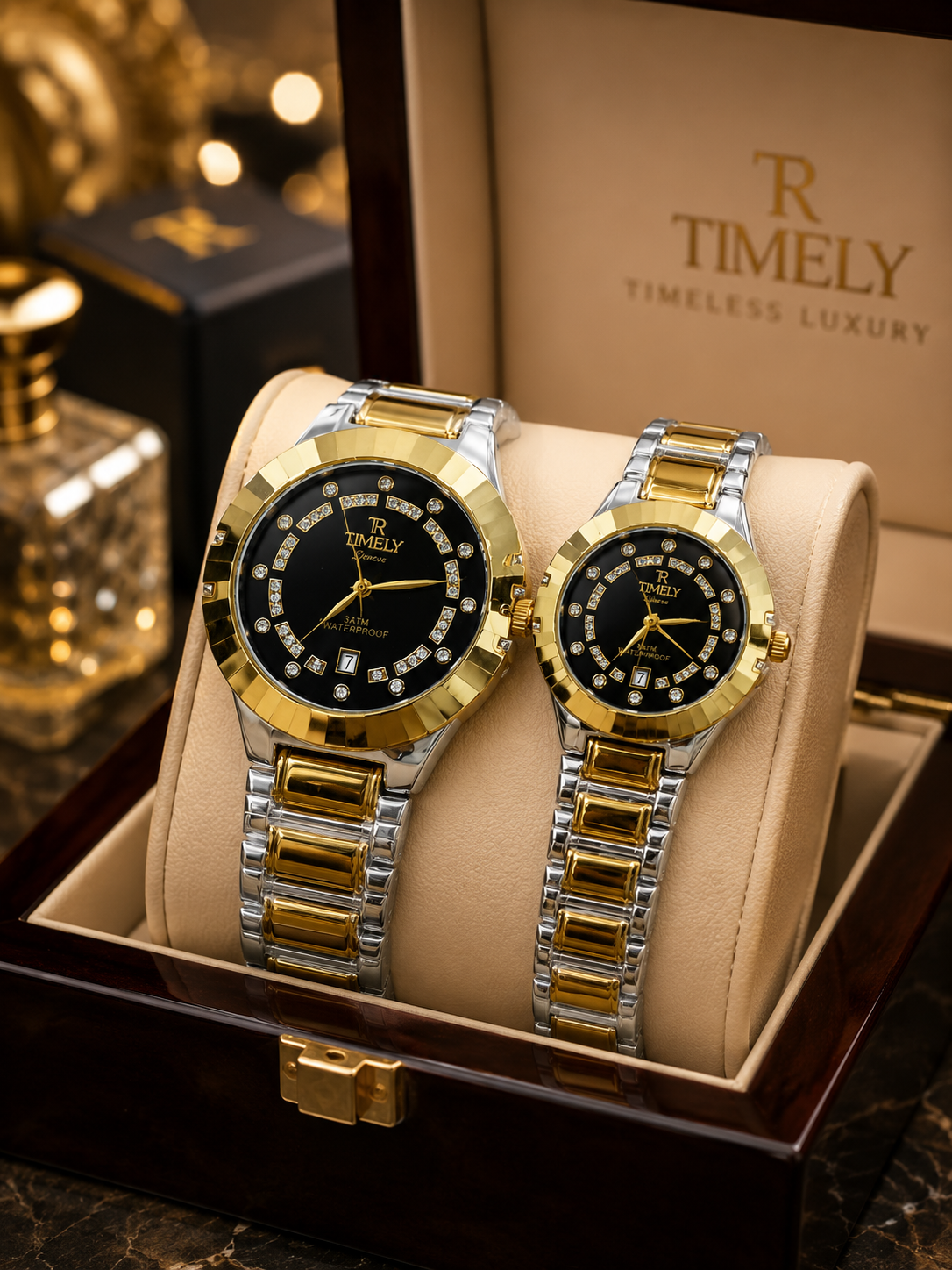 Timely Luxury Couple Watch Set | Gold & Silver Stainless Steel Quartz Wrist Watches | Waterproof Fashion Watches for Men & Women