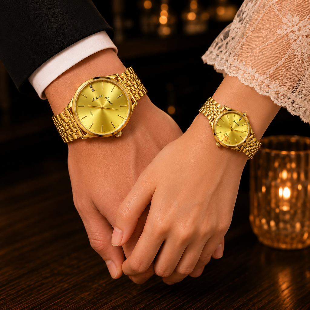 Luxury Gold Couple Watches for Men & Women | Elegant Quartz Matching Wrist Watch Set | Premium Stainless Steel Dress Watches | Anniversary & Wedding Gift