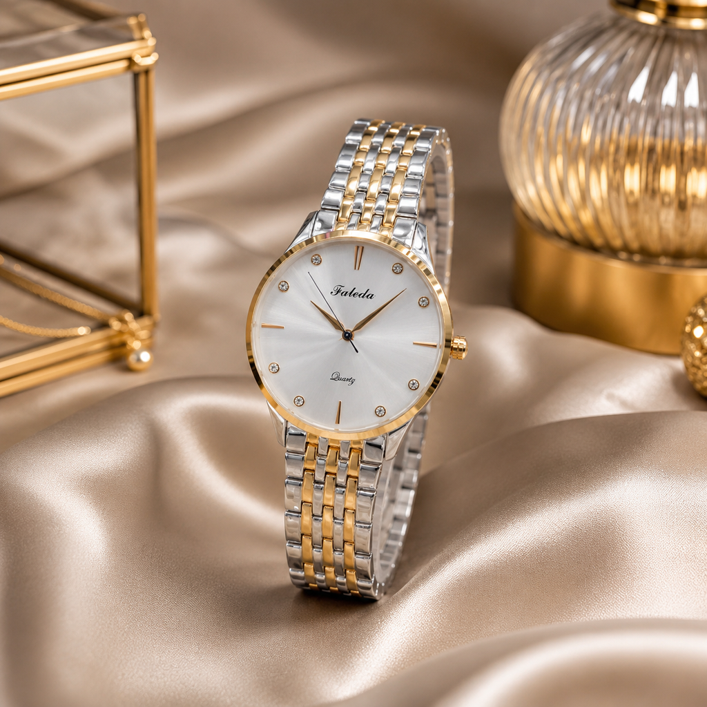 Faleda Luxury Women's Two-Tone Stainless Steel Quartz Watch – Elegant Gold & Silver Dress Wristwatch with Crystal Dial