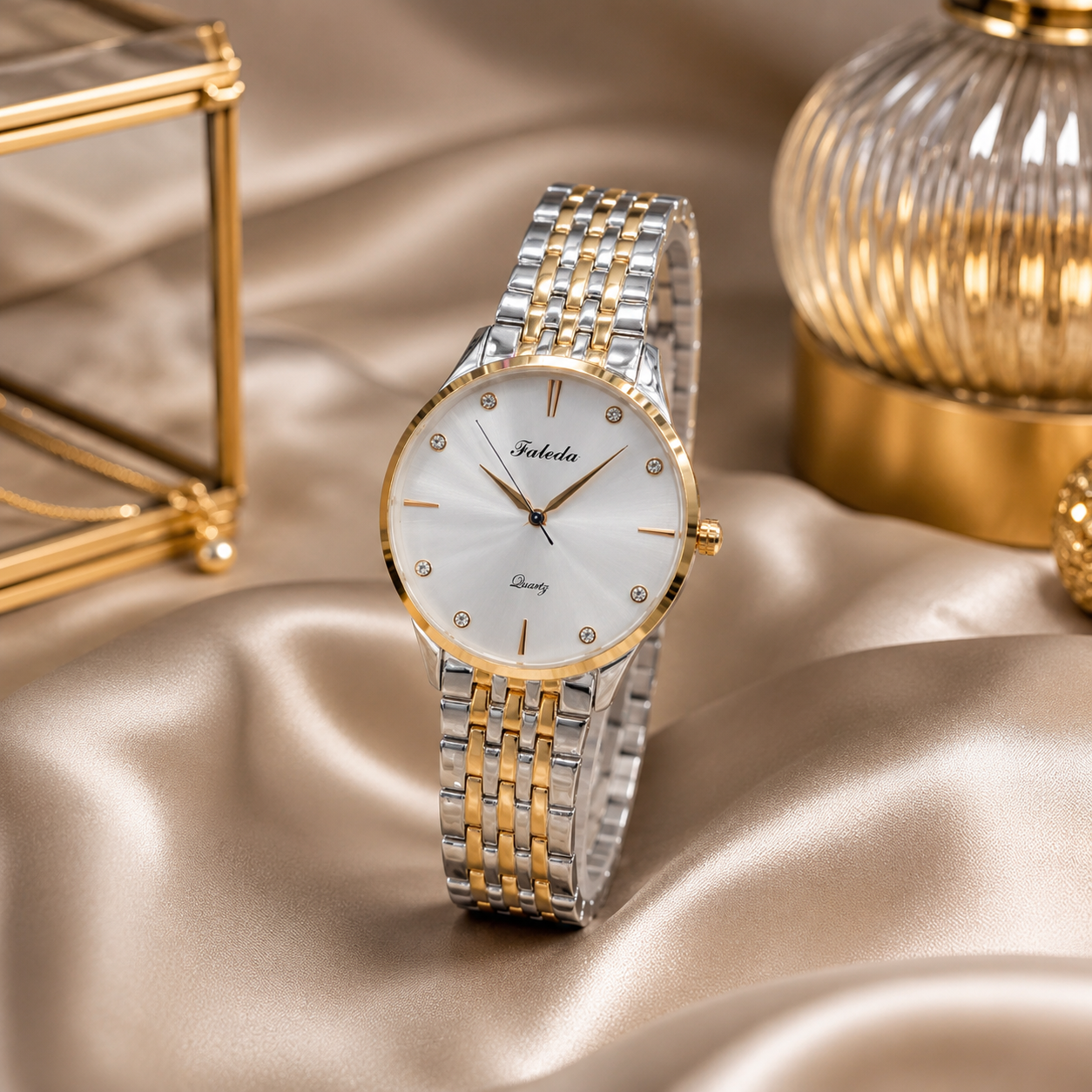 Faleda Luxury Women's Two-Tone Stainless Steel Quartz Watch – Elegant Gold & Silver Dress Wristwatch with Crystal Dial