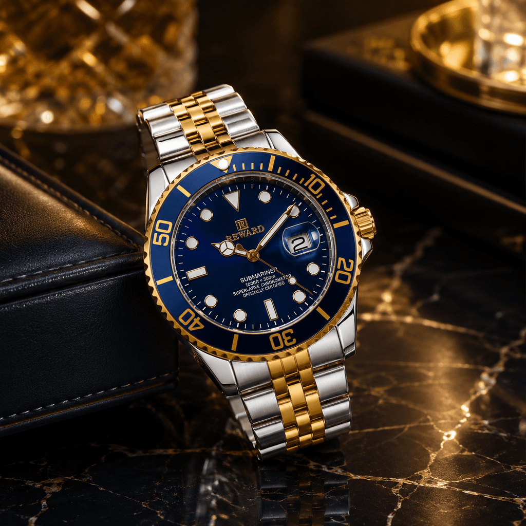 REWARD Submariner Luxury Two-Tone Stainless Steel Men's Watch – Blue Dial Premium Analog Wristwatch