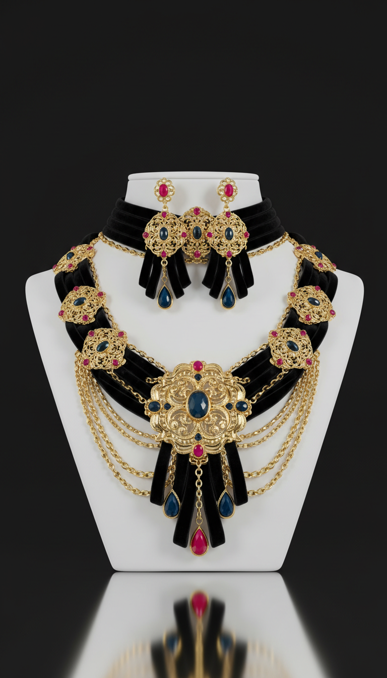 Black Velvet And Gold Statement Necklace Set