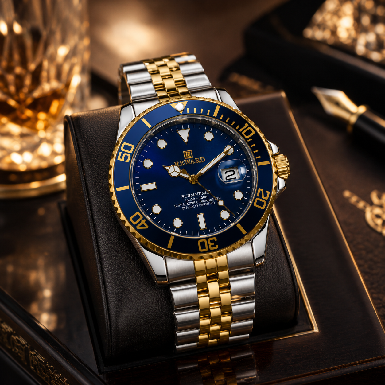 REWARD Submariner Luxury Two-Tone Stainless Steel Men's Watch – Blue Dial Premium Analog Wristwatch