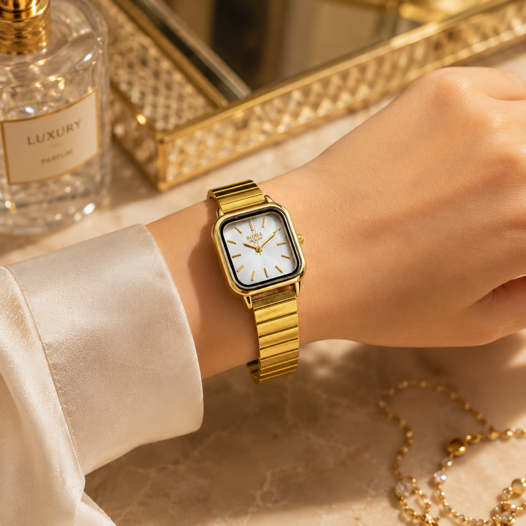 Luxury Gold Square Women's Watch | Elegant Gold Stainless Steel Quartz Wristwatch | Minimalist Fashion Dress Watch