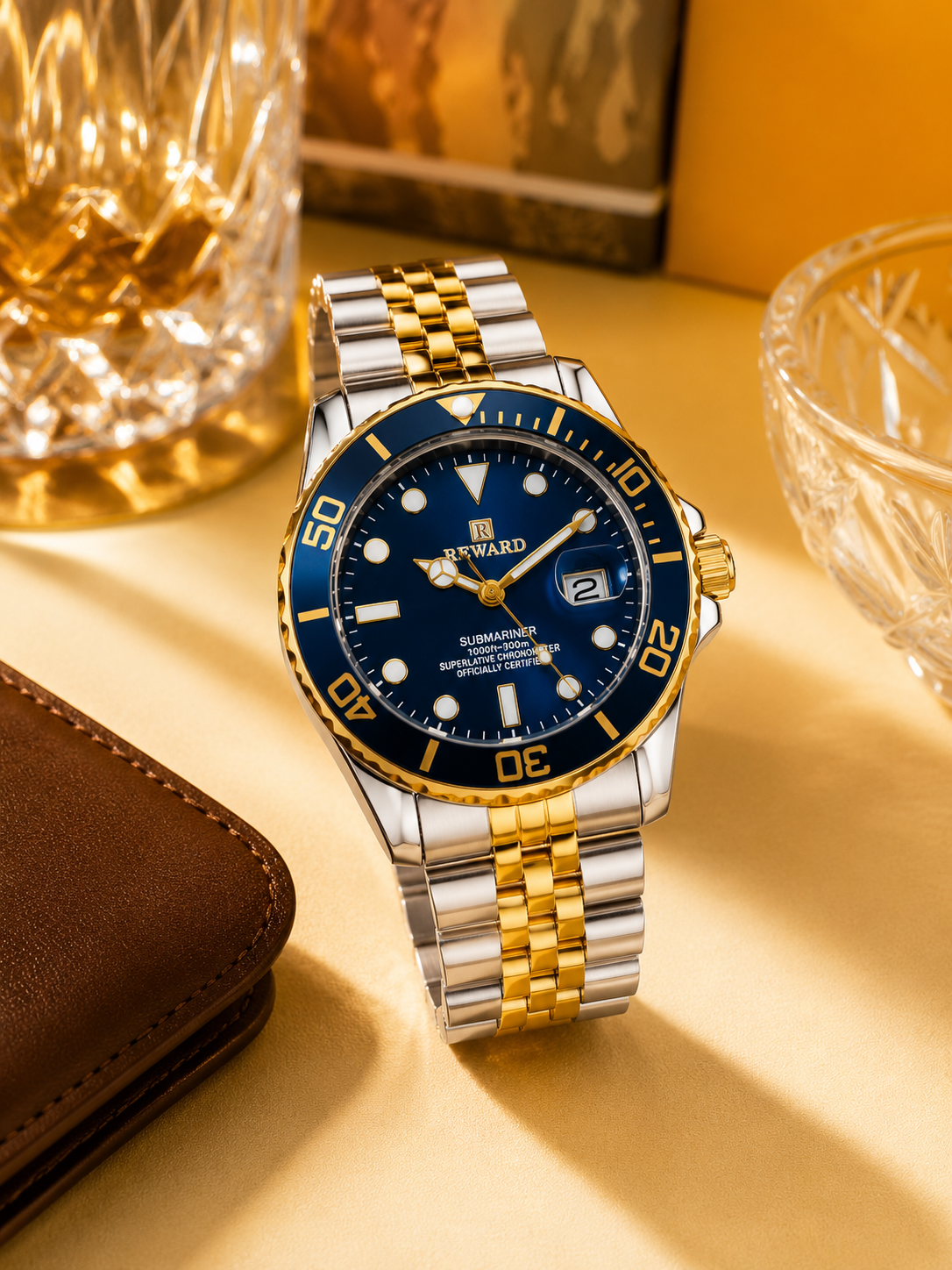 REWARD Submariner Luxury Two-Tone Stainless Steel Men's Watch – Blue Dial Premium Analog Wristwatch