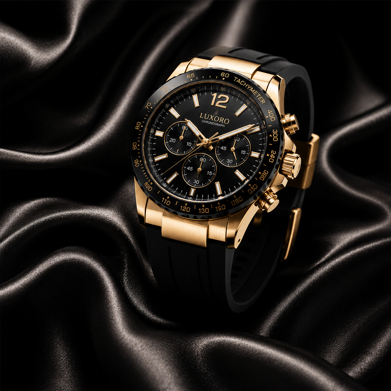 Luxoro Gold Black Chronograph Men's Watch – Premium Silicone Strap Luxury Analog Wrist Watch for Men