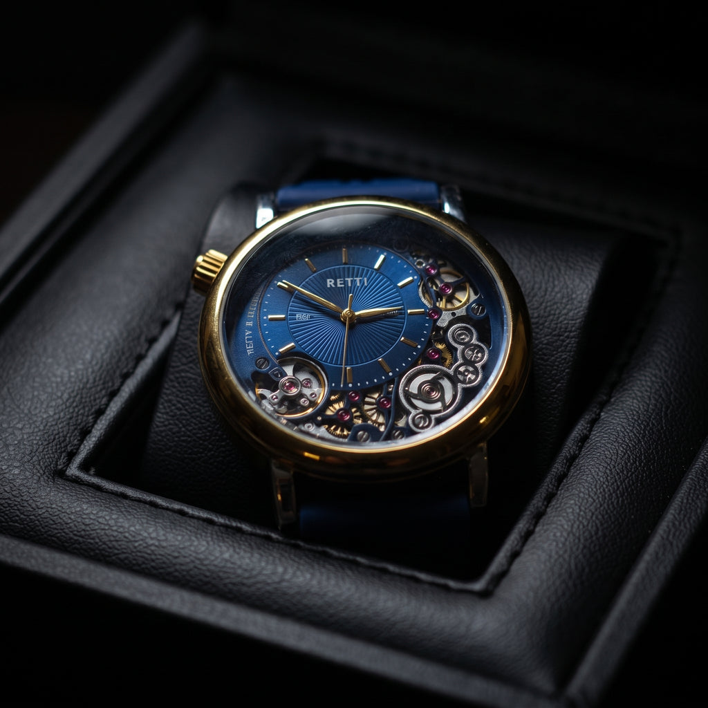 Luxury Blue Skeleton Watch for Men | Gold Bezel & Blue Silicone Strap | Premium Quartz Fashion Wrist Watch | Elegant Business Timepiece