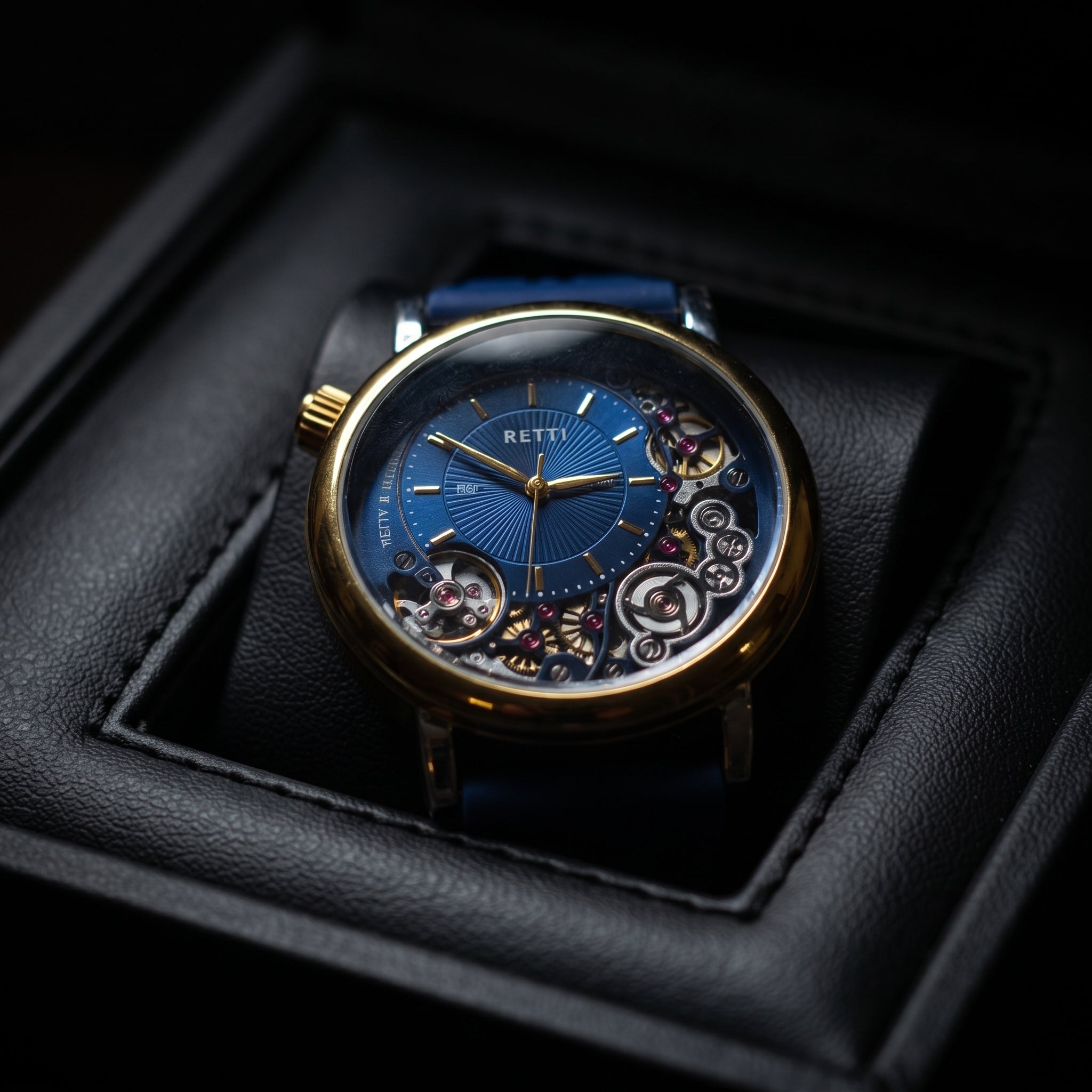 Luxury Blue Skeleton Watch for Men | Gold Bezel & Blue Silicone Strap | Premium Quartz Fashion Wrist Watch | Elegant Business Timepiece