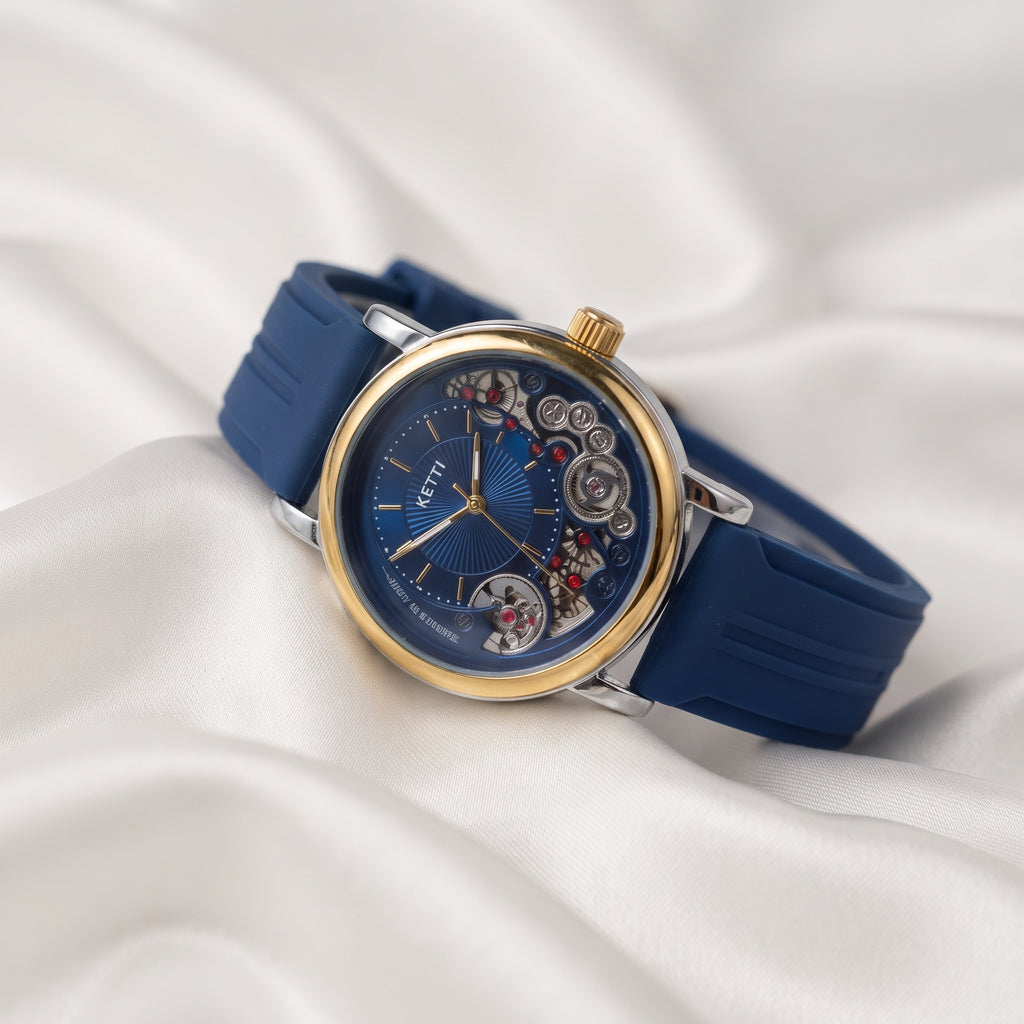 Luxury Blue Skeleton Watch for Men | Gold Bezel & Blue Silicone Strap | Premium Quartz Fashion Wrist Watch | Elegant Business Timepiece