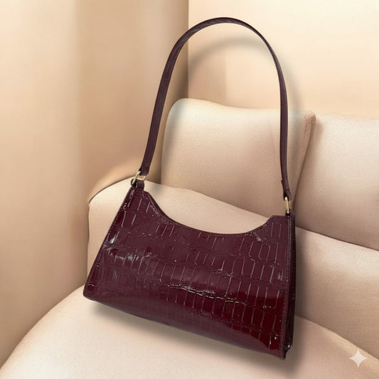 Croc-embossed Burgundy Armpit Bag