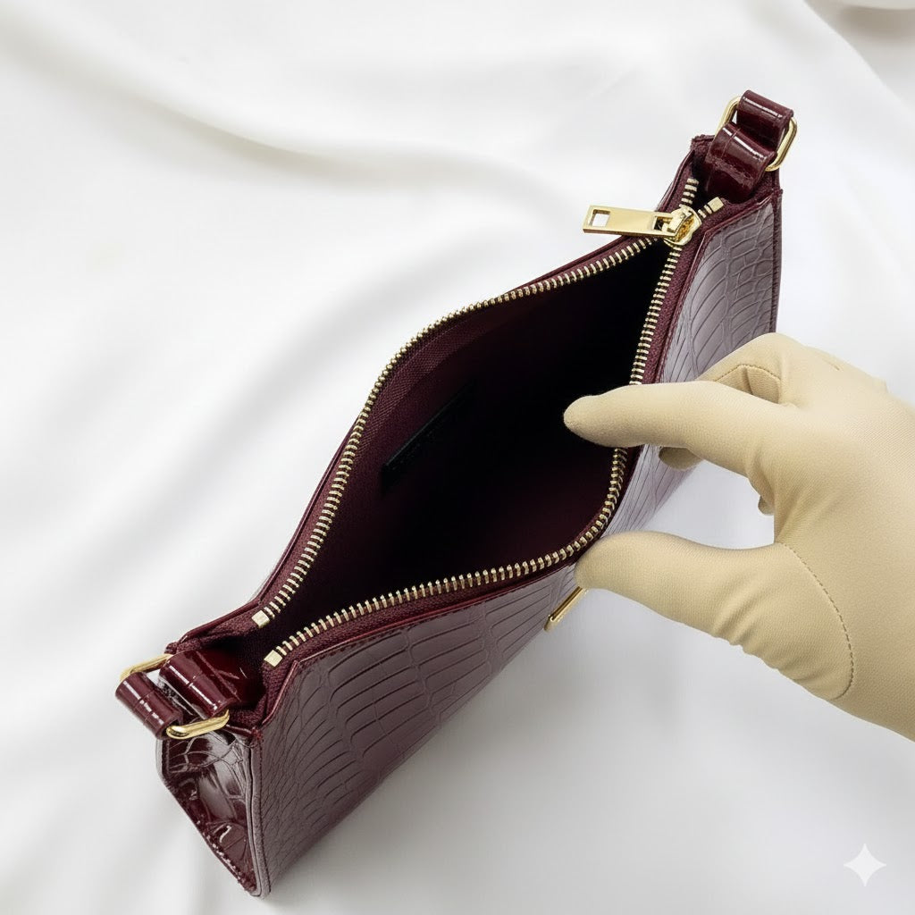 Croc-embossed Burgundy Armpit Bag