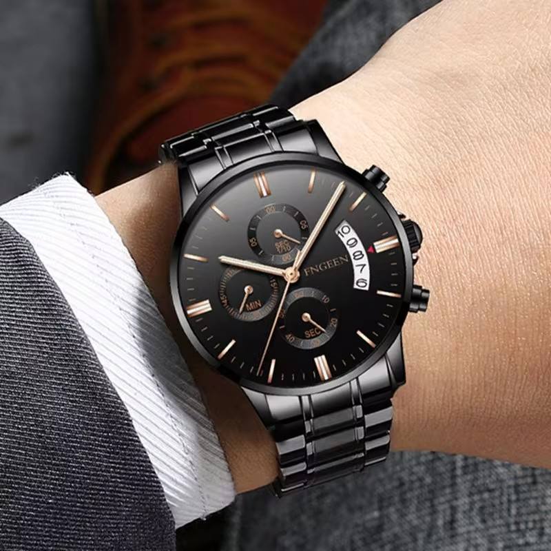 Elegant black chronograph watch with gold accents, stainless steel band, and precision timekeeping craftsmanship