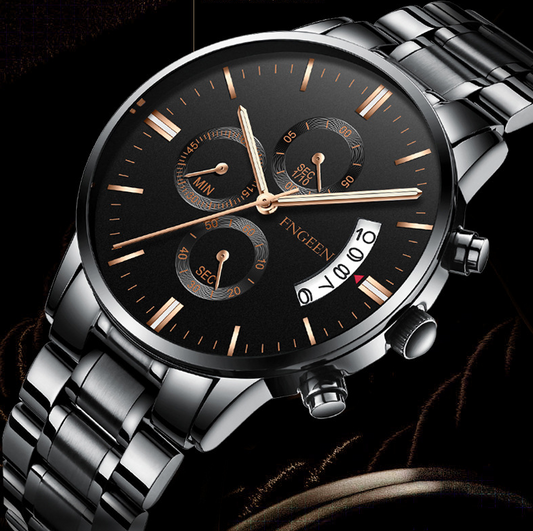 Elegant black chronograph watch with gold accents, stainless steel band, and precision timekeeping craftsmanship