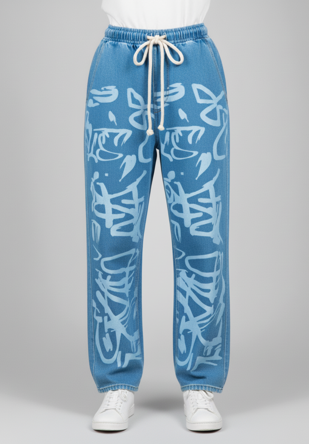 Printed Sky Blue Baggy Style Denim Jeans for women