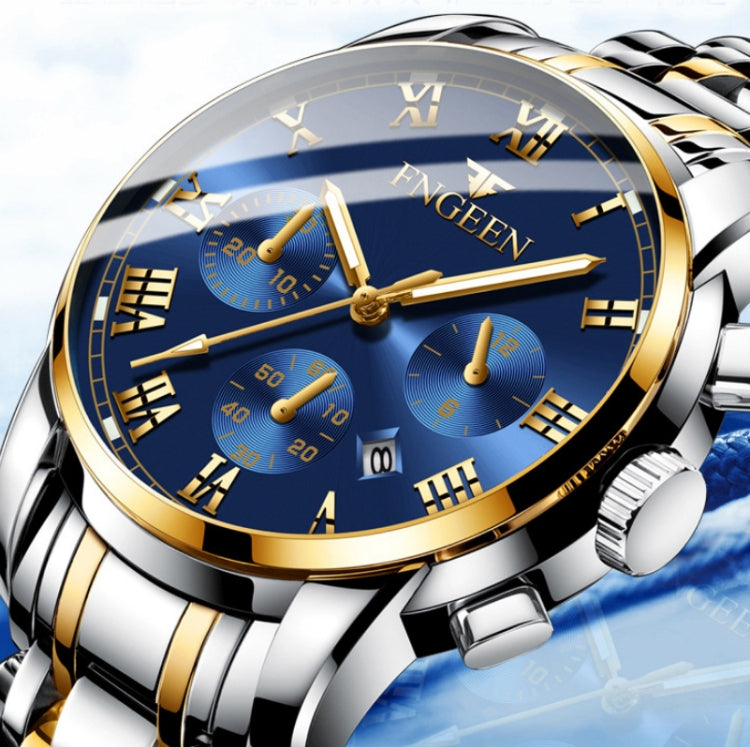 Luxury Blue Dial Gold Stainless Steel Men's Quartz Chronograph Wristwatch