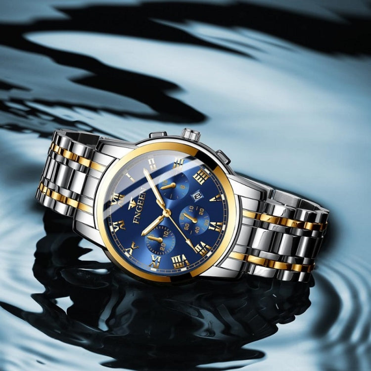 Luxury Blue Dial Gold Stainless Steel Men's Quartz Chronograph Wristwatch