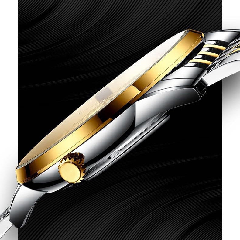 Stylish Luxury Men's Watch with Calendar Dial and Gold Accents Design