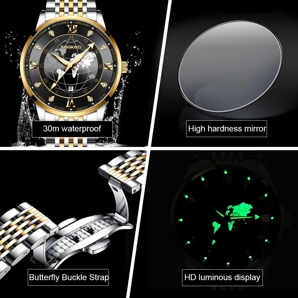 Stylish Luxury Men's Watch with Calendar Dial and Gold Accents Design