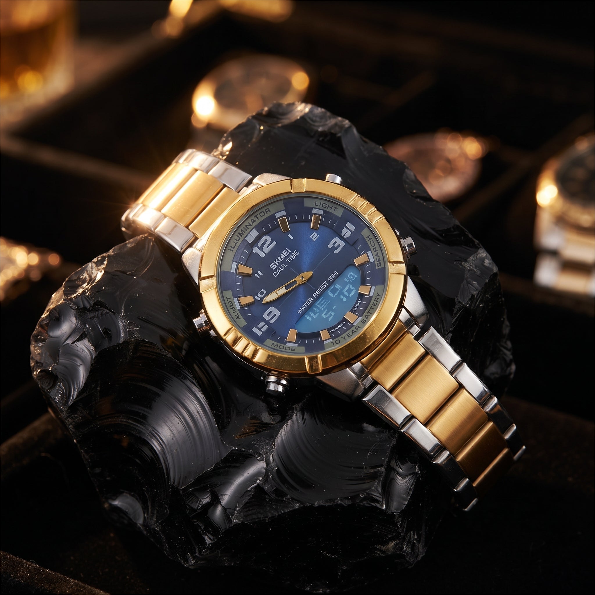 SKMEI Dual Time Analog Digital Watch for Men | Gold & Silver Stainless Steel Waterproof Sports Watch | Zillsta