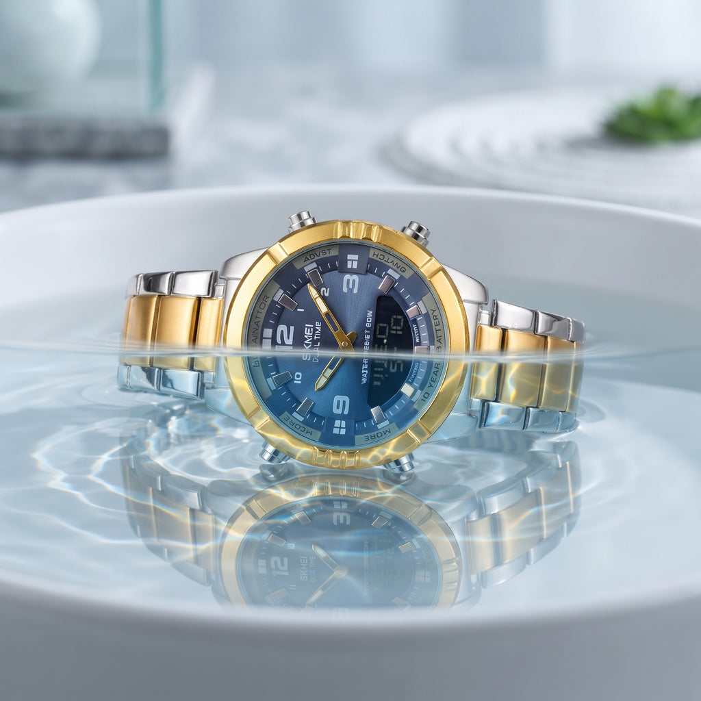 SKMEI Dual Time Analog Digital Watch for Men | Gold & Silver Stainless Steel Waterproof Sports Watch | Zillsta