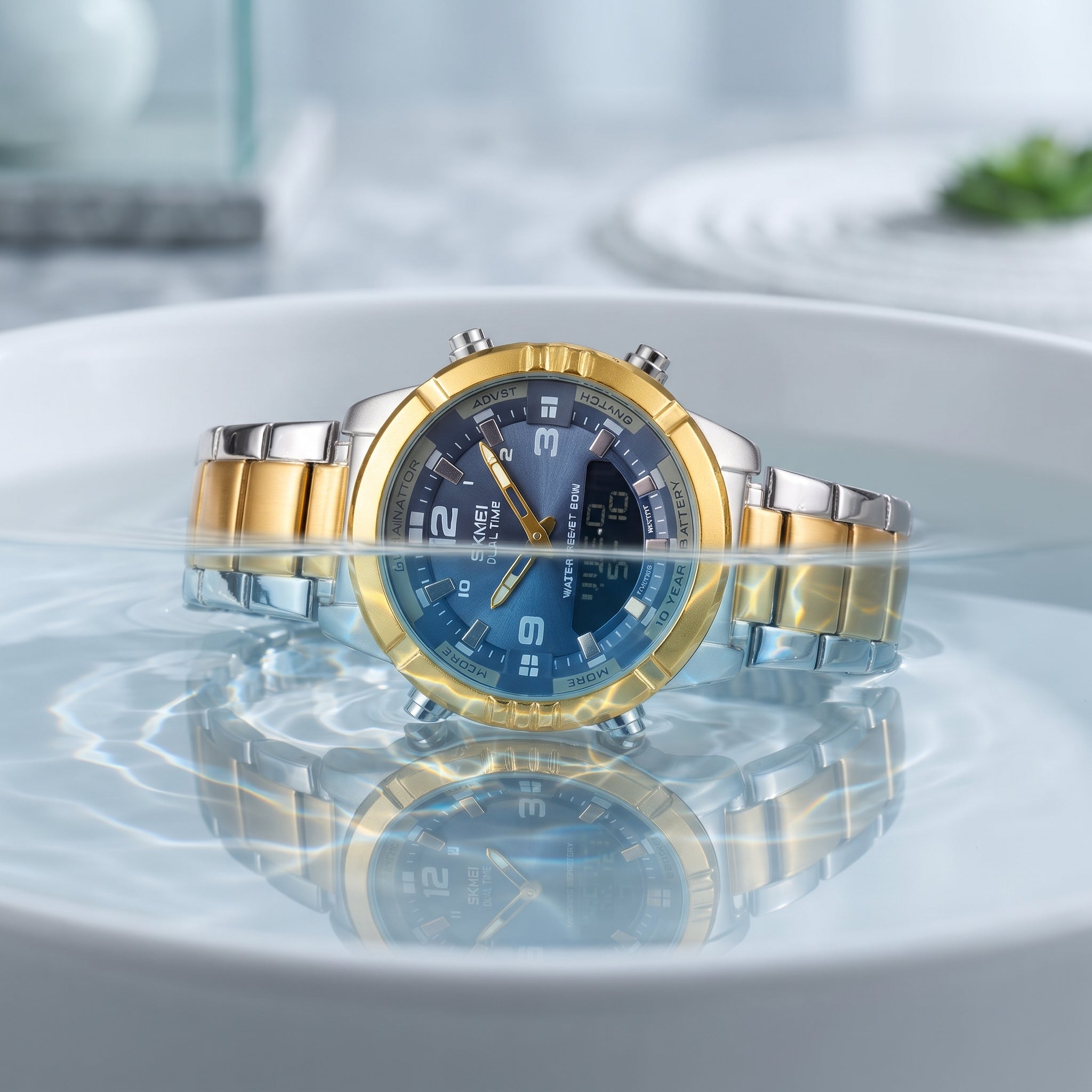 SKMEI Dual Time Analog Digital Watch for Men | Gold & Silver Stainless Steel Waterproof Sports Watch | Zillsta