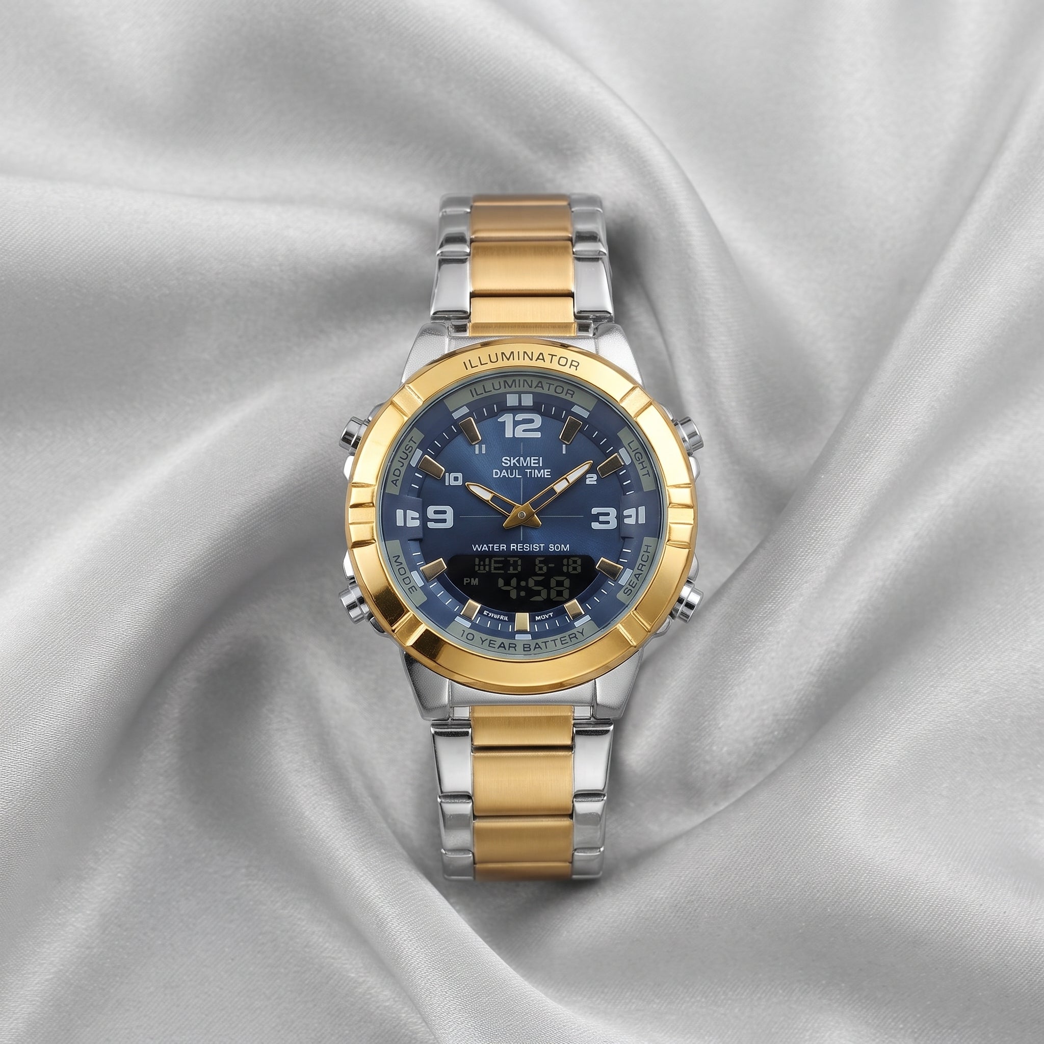 SKMEI Dual Time Analog Digital Watch for Men | Gold & Silver Stainless Steel Waterproof Sports Watch | Zillsta