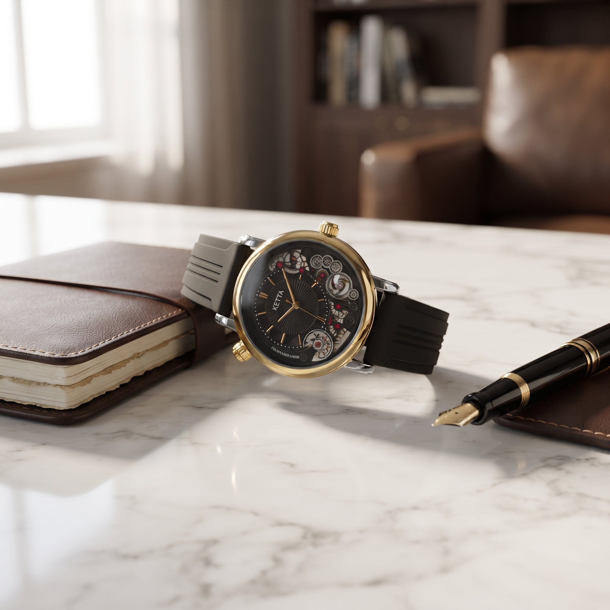 Luxury Men's Skeleton Watch – Premium Gold Case | Black Silicone Strap | Automatic Mechanical Style | Business & Casual Wristwatch