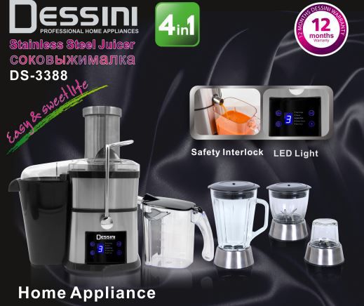 Dessini DS-3388 Italy 4 IN 1 LED Light Blender, Grinder, Chopper, Juicer Extractor & Smoothie Ice Crusher - 1200W