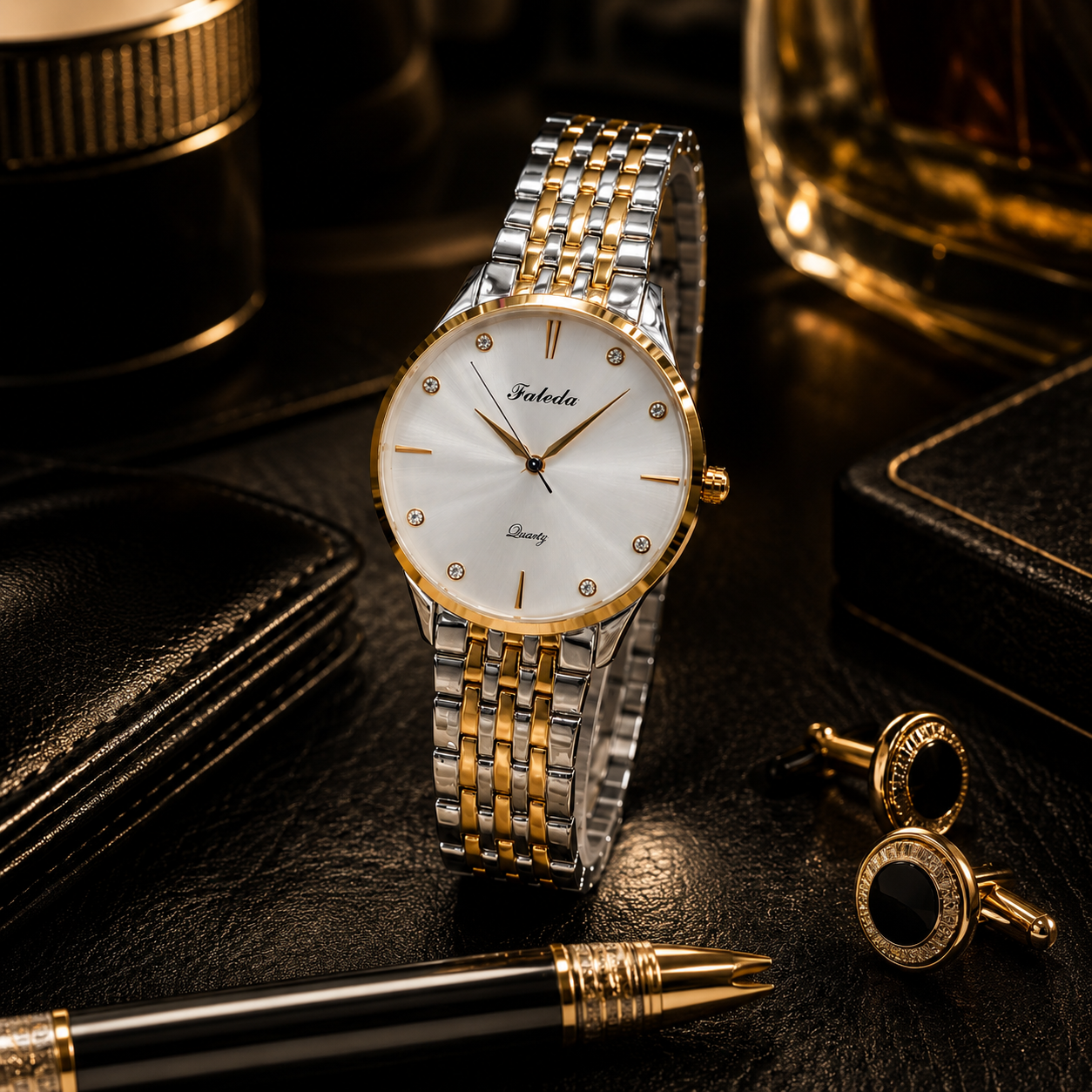 Faleda Luxury Women's Two-Tone Stainless Steel Quartz Watch – Elegant Gold & Silver Dress Wristwatch with Crystal Dial