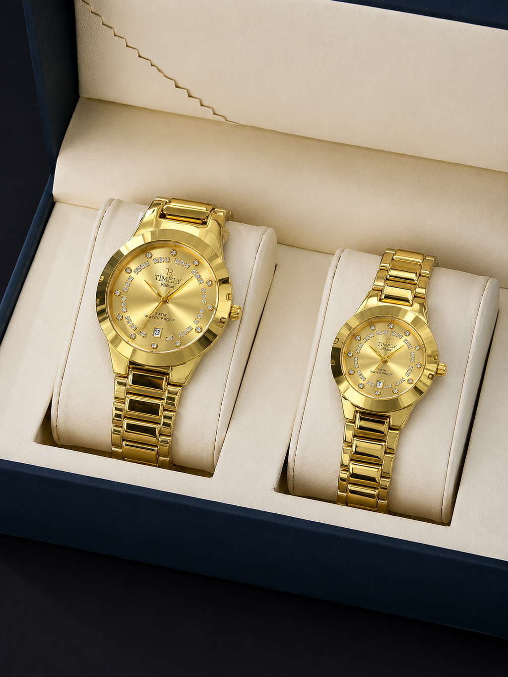 Luxury Gold Couple Watch Set for Men & Women | Matching Stainless Steel Quartz Wrist Watches | Elegant Gift Box Edition