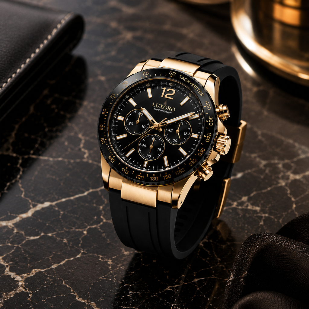 Luxoro Gold Black Chronograph Men's Watch – Premium Silicone Strap Luxury Analog Wrist Watch for Men