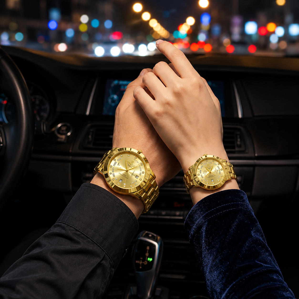 Luxury Gold Couple Watch Set for Men & Women | Matching Stainless Steel Quartz Wrist Watches | Elegant Gift Box Edition