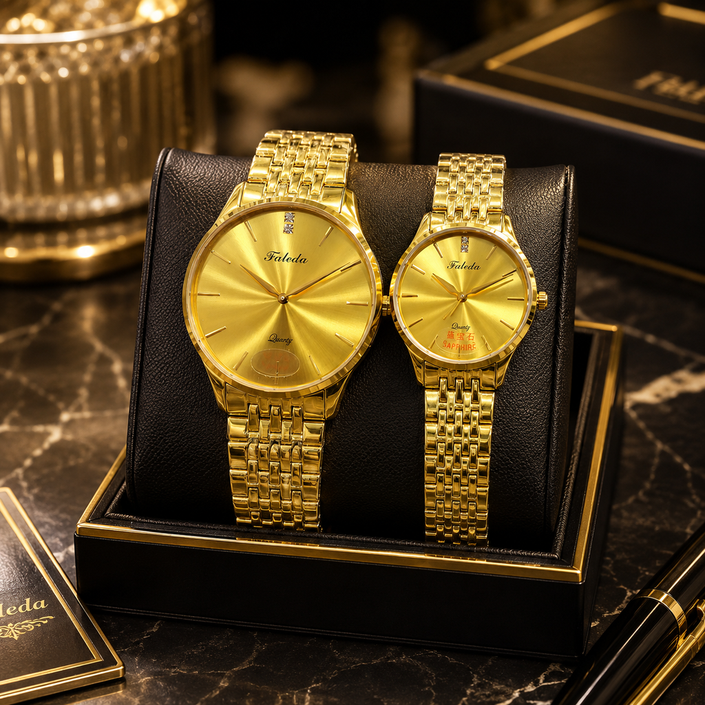 Luxury Gold Couple Watches for Men & Women | Elegant Quartz Matching Wrist Watch Set | Premium Stainless Steel Dress Watches | Anniversary & Wedding Gift