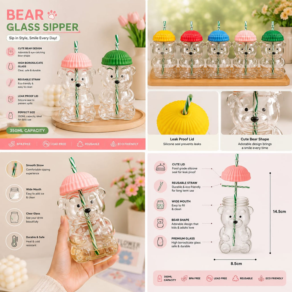 Cute Bear Water Bottle with Straw | Adorable Reusable Kids Cup | Leak-Resistant Drinking Bottle