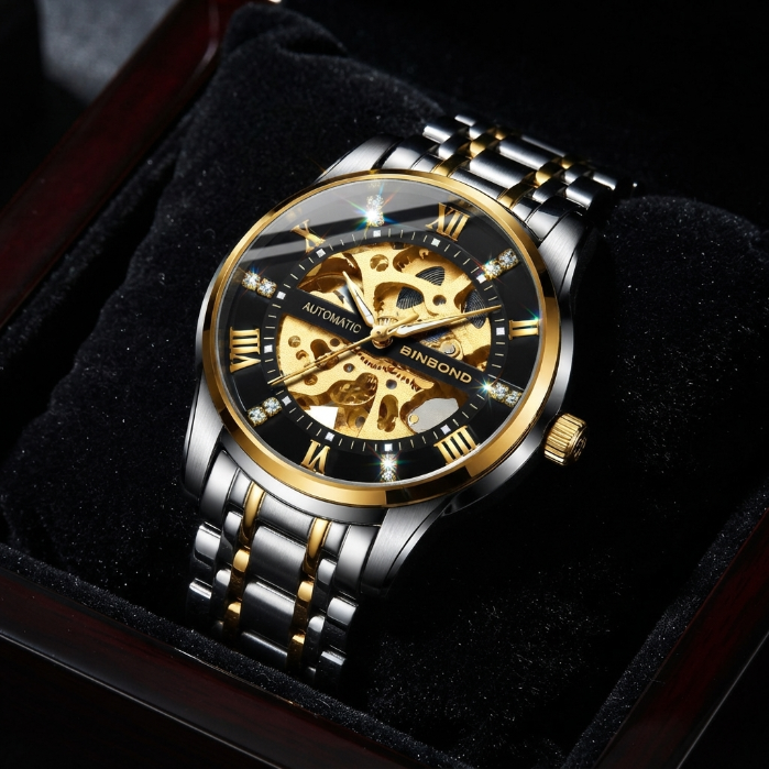 BINBOND Luxury Skeleton Automatic Watch for Men – Gold & Silver Stainless Steel Mechanical Business Dress Wristwatch