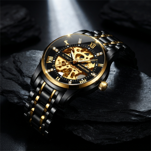 BINBOND Luxury Skeleton Automatic Watch for Men – Gold & Silver Stainless Steel Mechanical Business Dress Wristwatch