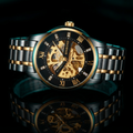 BINBOND Luxury Skeleton Automatic Watch for Men – Gold & Silver Stainless Steel Mechanical Business Dress Wristwatch