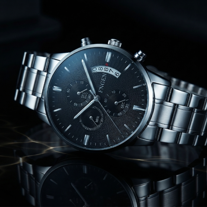 Luxury Men’s Chronograph Watch | Stainless Steel Black Dial | Elegant Fashion Wristwatch
