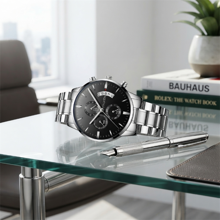 Luxury Men’s Chronograph Watch | Stainless Steel Black Dial | Elegant Fashion Wristwatch