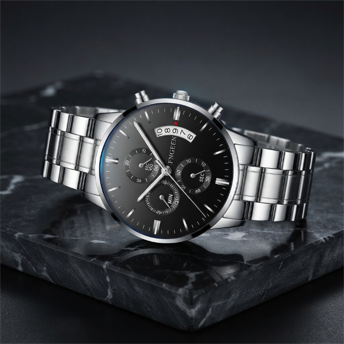 Luxury Men’s Chronograph Watch | Stainless Steel Black Dial | Elegant Fashion Wristwatch