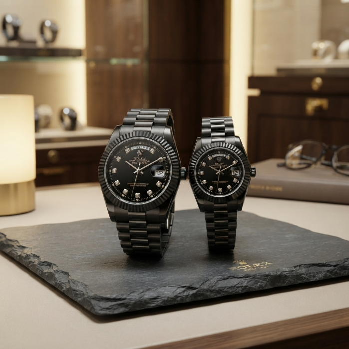 Luxury Rolex Couple Watch Set – Black Diamond Dial His & Hers Matching Watche