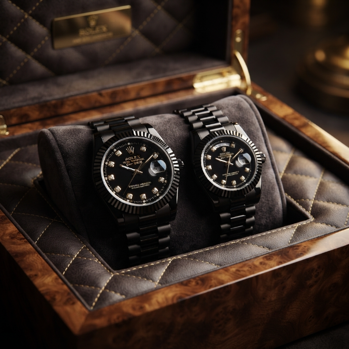 Luxury Rolex Couple Watch Set – Black Diamond Dial His & Hers Matching Watche