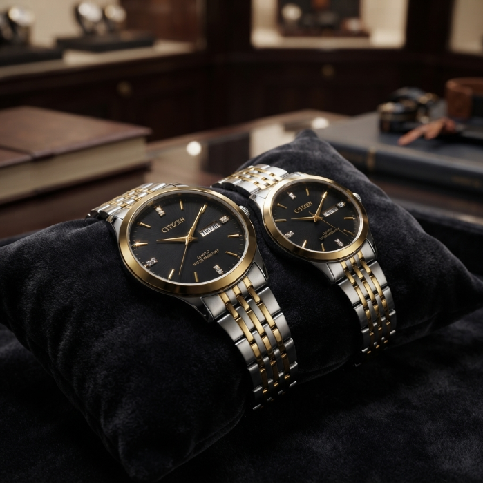 Citizen Luxury Couple Watch Set – Gold & Silver Stainless Steel Quartz Watches | Waterproof Dress Watches for Men & Women | Premium Gift