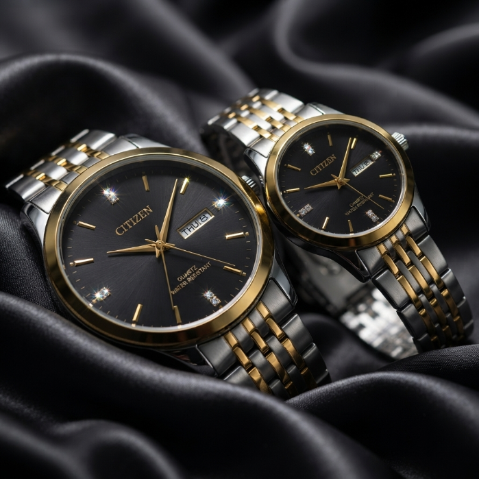 Citizen Luxury Couple Watch Set – Gold & Silver Stainless Steel Quartz Watches | Waterproof Dress Watches for Men & Women | Premium Gift