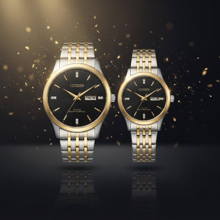 Citizen Luxury Couple Watch Set – Gold & Silver Stainless Steel Quartz Watches | Waterproof Dress Watches for Men & Women | Premium Gift