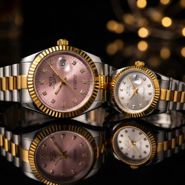 SCO Luxury Couple Watch Set – Gold & Silver Stainless Steel Quartz Watches | Premium Matching Watches for Men & Women | Elegant Gift