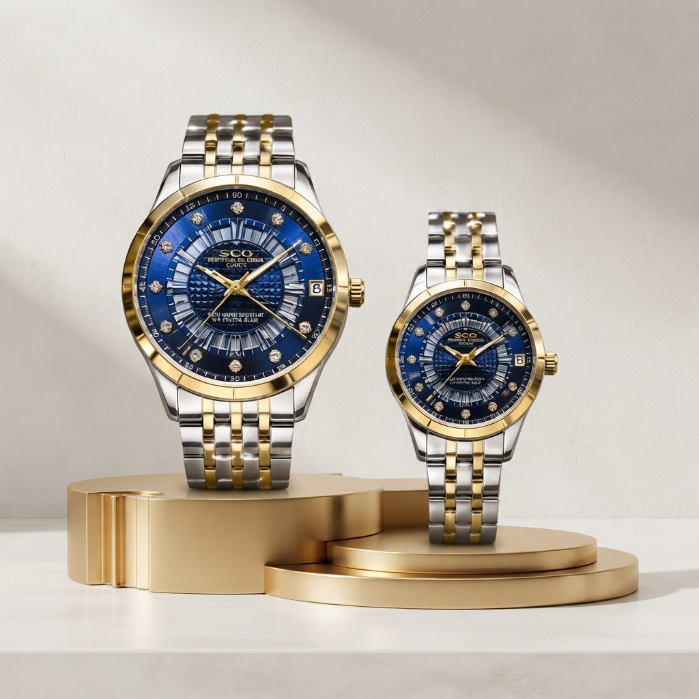 SCO Luxury Couple Watch Set – Gold & Silver Stainless Steel Quartz Watches | Premium Matching His & Hers Watches | Elegant Gift Box