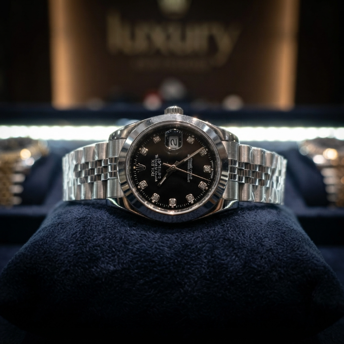 Rolex Datejust Style Stainless Steel Luxury Watch – Black Diamond Dial