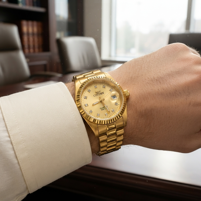 Luxury Gold Crystal Dial Watch – Premium Men's Fashion Wristwatch